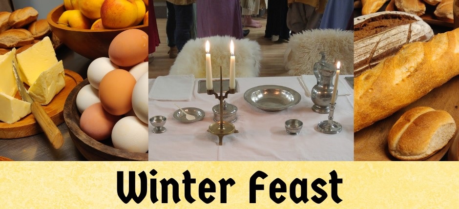 Left: Cheese, Apples and Eggs. Center: 14th Century pewter feastware. Right: Multiple Loaves of bread
