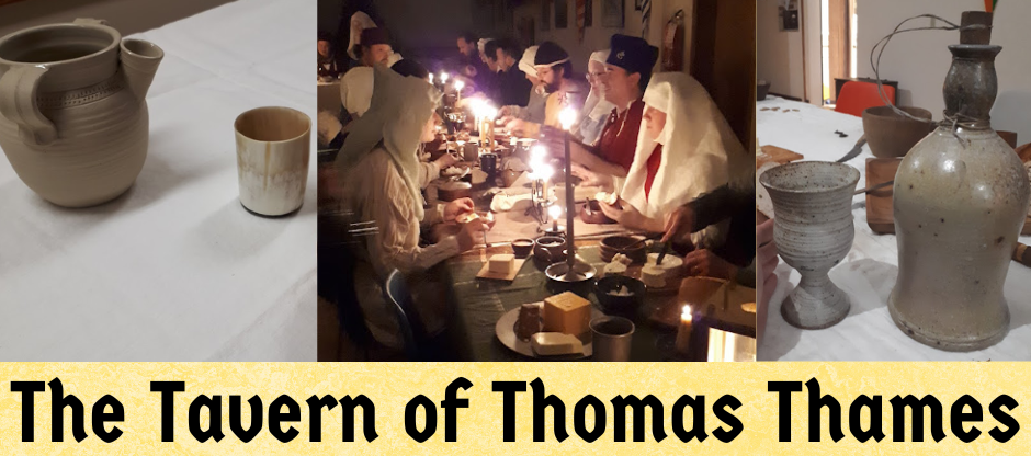 Left Ceramic Jug and Cup. Middle: a Table of people eating by candlelight while wearing Medieval Clothing. Right: A ceramic cup and bottle with cork stopper 